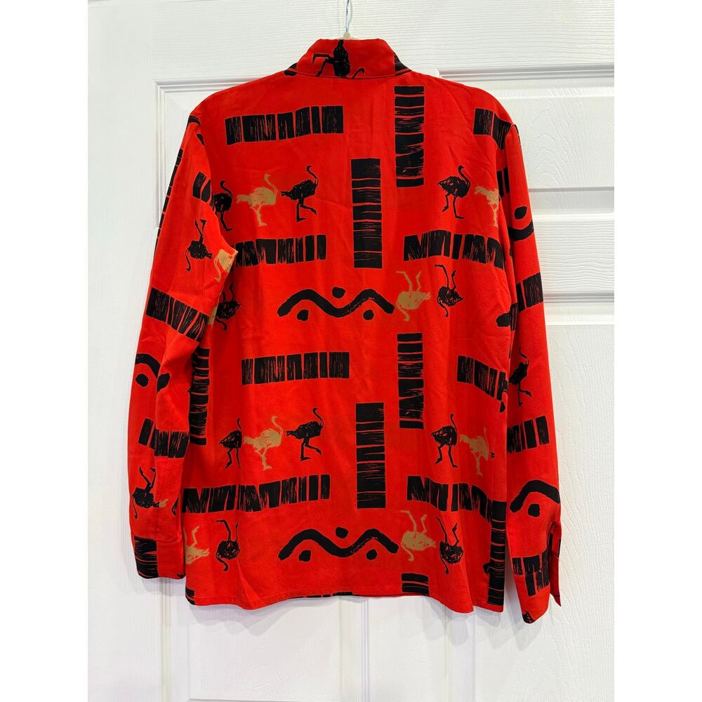 Paolo Santini Vintage Retro Red Black Silk Emu Button Down Top Sz 4 - Picture 5 of 5